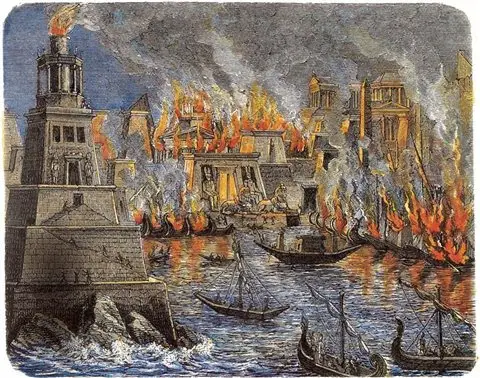 Pintura del incendio en la Biblioteca de Alejandría en el año 47