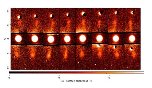 Secuencia de capturas del Observatorio IoIO de azufre ionizado individualmente dentro el toro de plasma generado por Ío