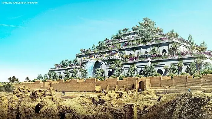 Ilustración digital de cómo pudieron ser los Jardines Colgantes de Babilonia