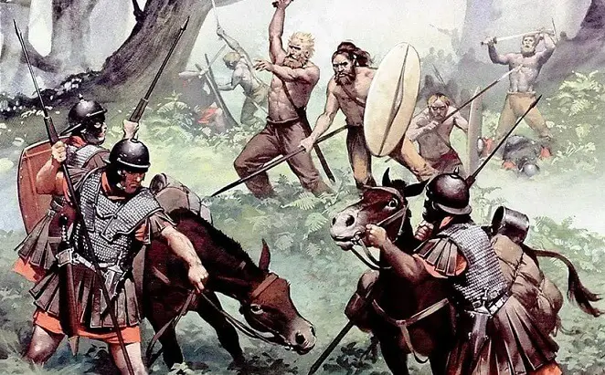 ilustración de lo que pudo haber sido un enfrentamiento entre romanos y bárbaros